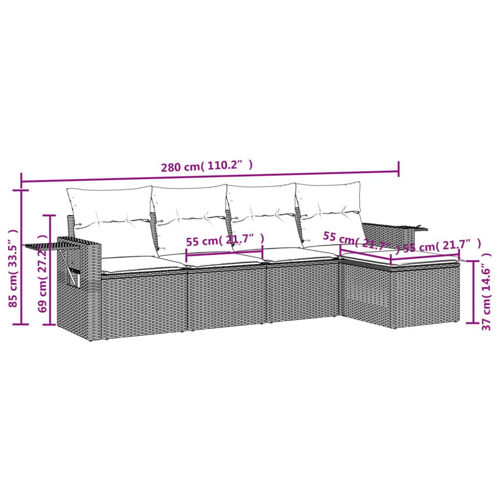 Conjunto de jantar de jardim de 5 peças e almofadas de vime sintético marrom