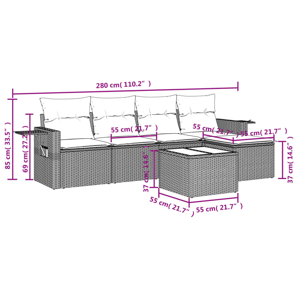 Garden Sofas Set 6 pieces and black synthetic rattan cushions