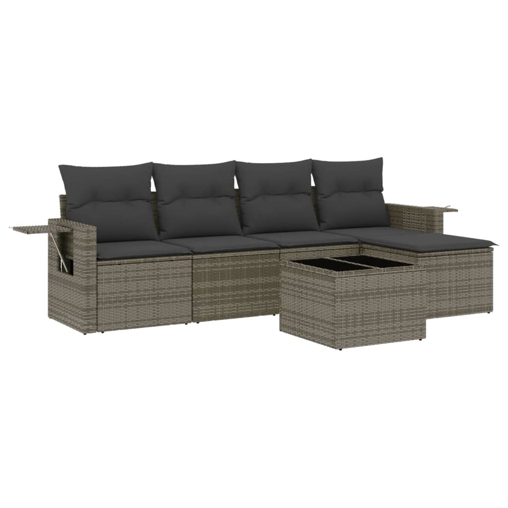 Set de muebles de jardín 6 pzas y cojines ratán sintético gris - Vetonek