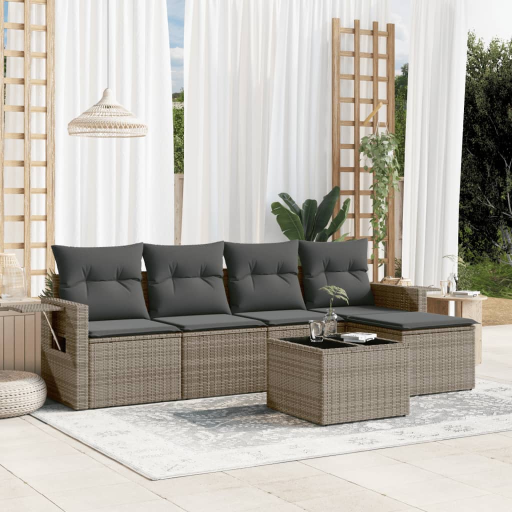 Vetonek Set de muebles de jardín 6 pzas y cojines ratán sintético gris