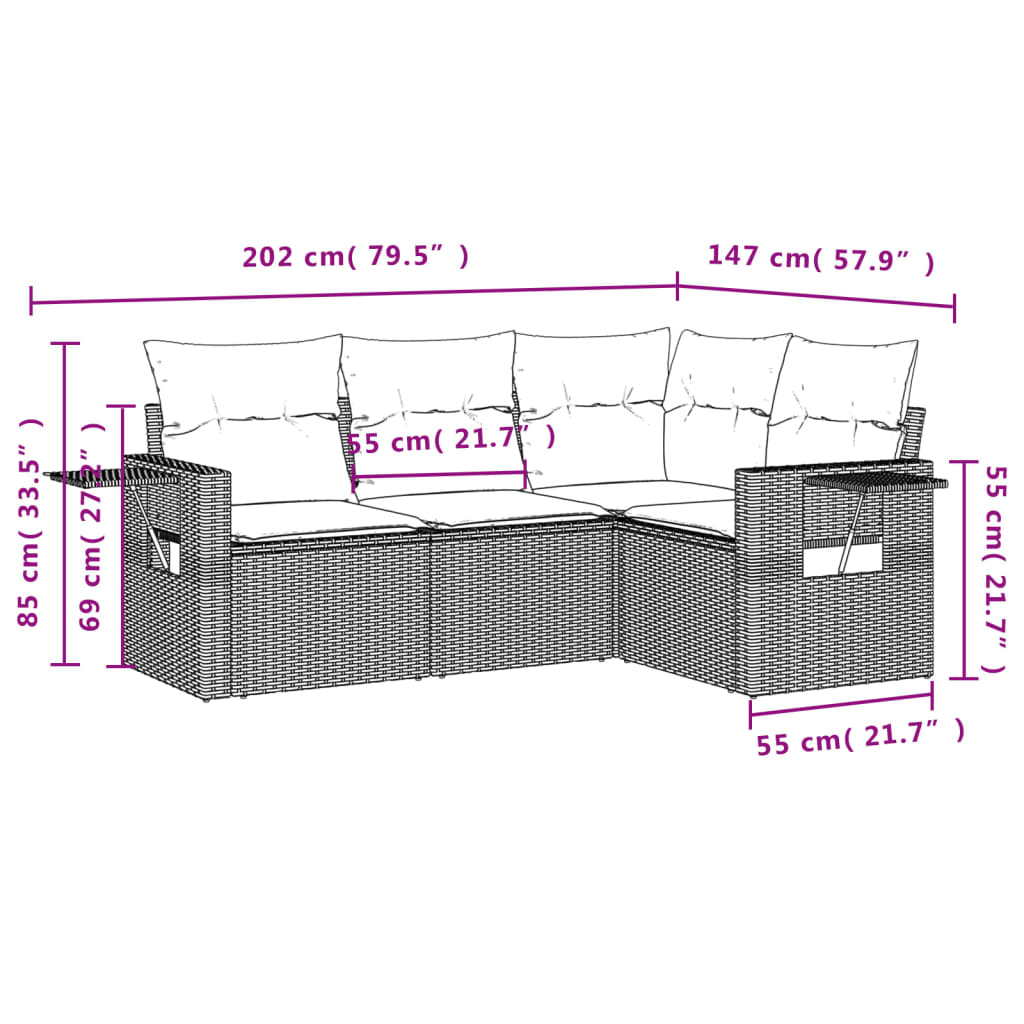 4 PCS Sofas de jardin Ensemble et coussins de rotin synthétique gris