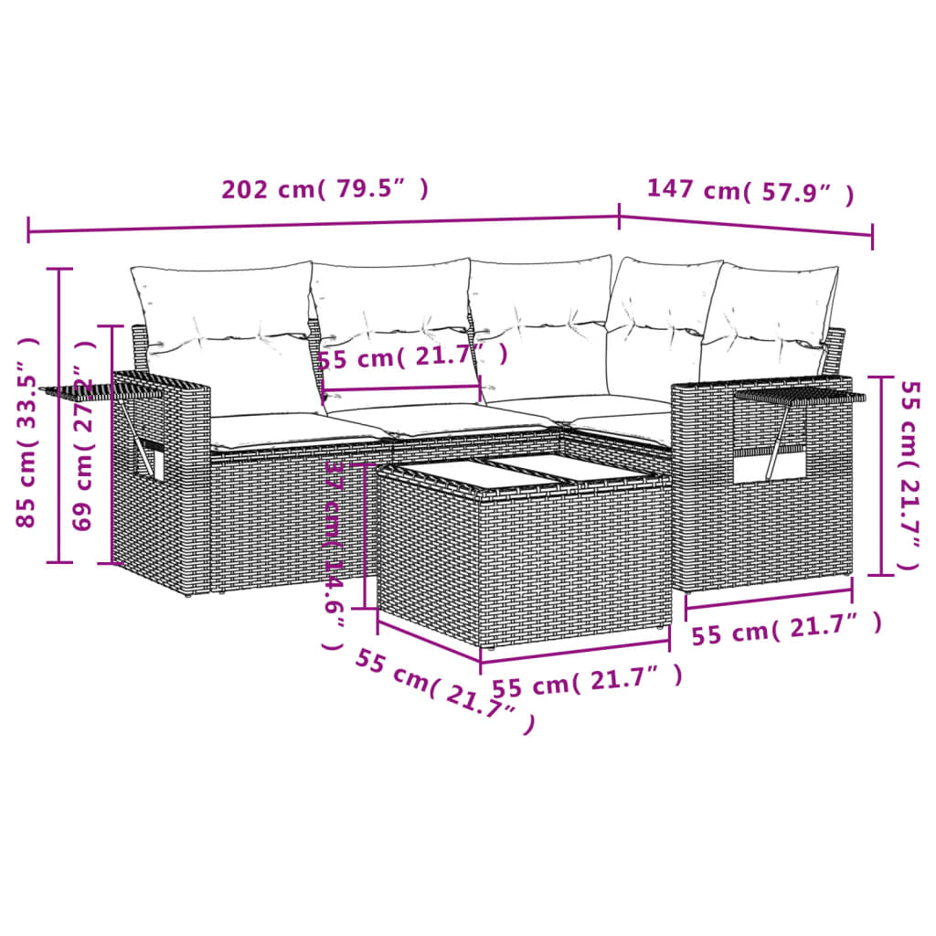 Conjunto de móveis de jardim 5 PCs e almofadas sintéticas pretas