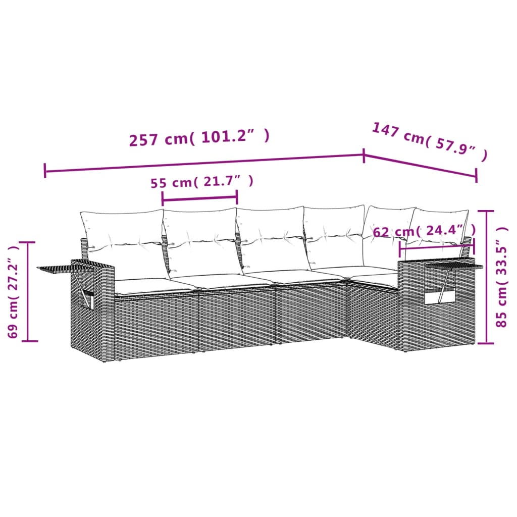 Set comedor de jardín 5 piezas y cojines ratán sintético marrón - Vetonek