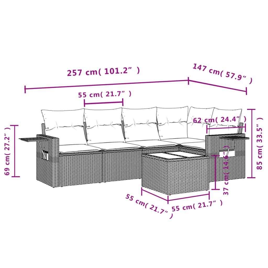 Garden Sofas Set 6 pieces and black synthetic rattan cushions