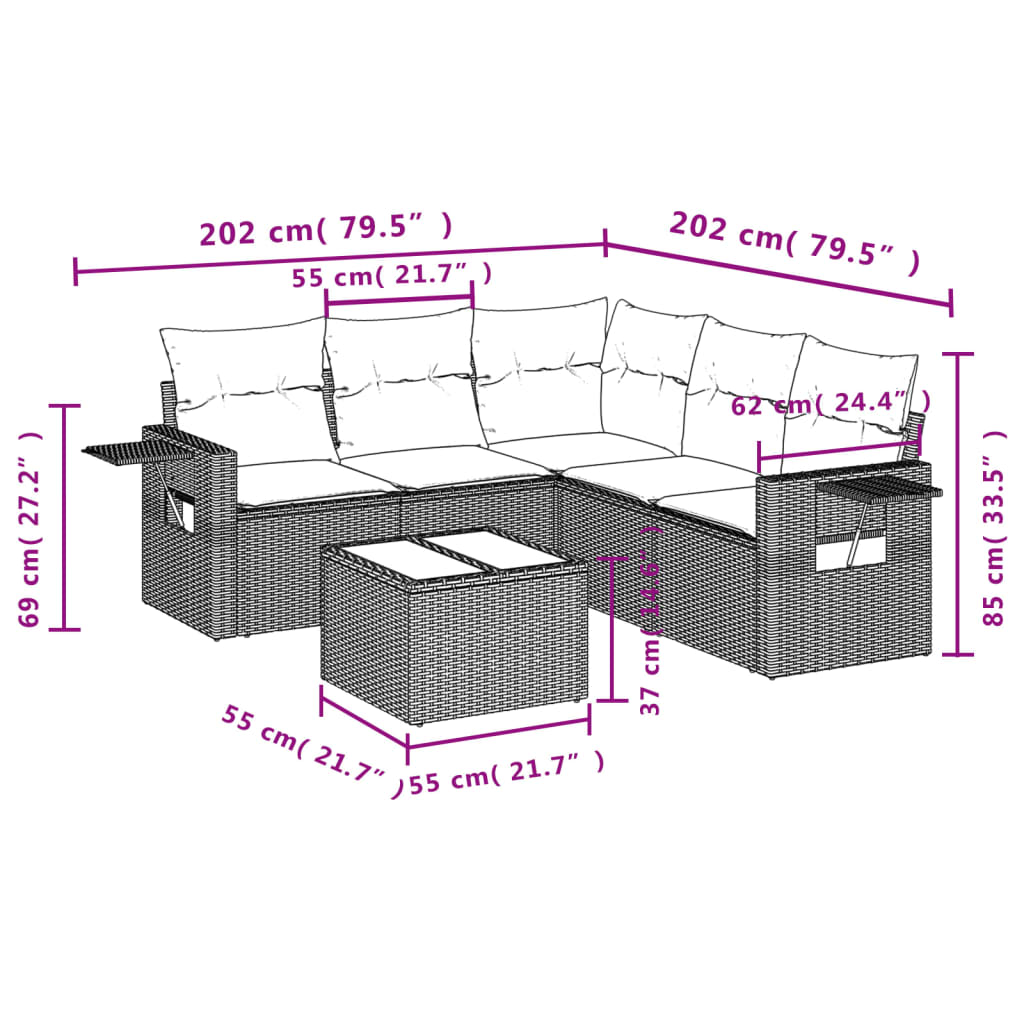 Garden Sofas Set 6 pieces and black synthetic rattan cushions