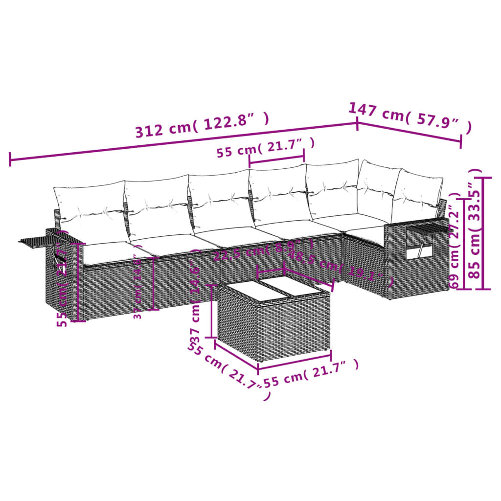 Set sofás de jardín 7 piezas y cojines ratán sintético beige - Vetonek