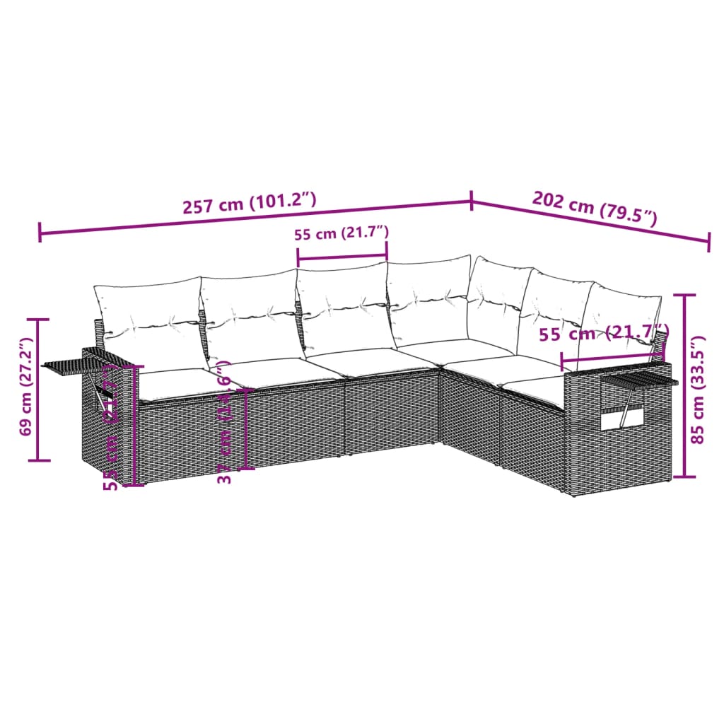 Set de sofás de jardín 6 piezas y cojines ratán sintético negro