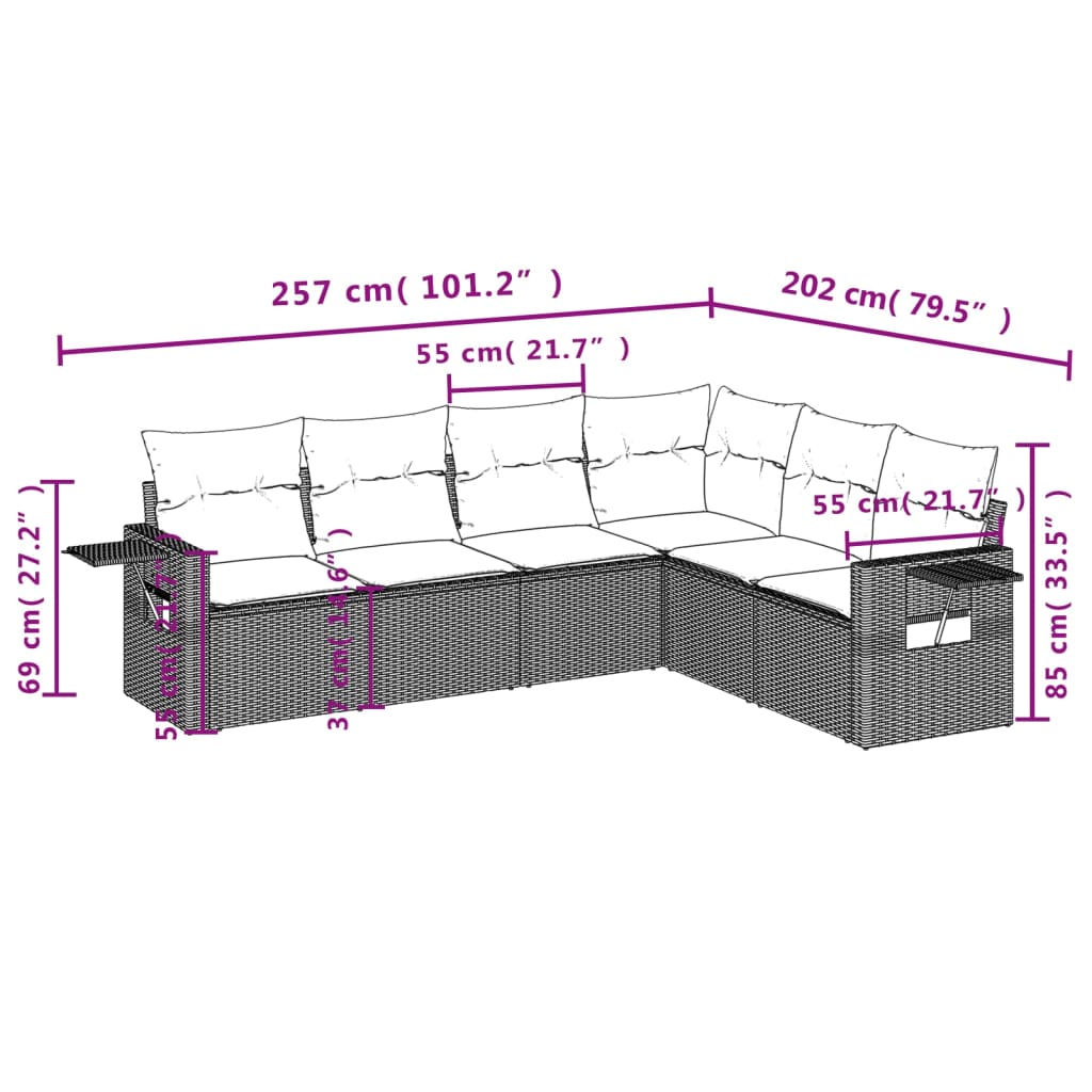 Set de sofás de jardín 6 pzas y cojines ratán sintético gris - Vetonek