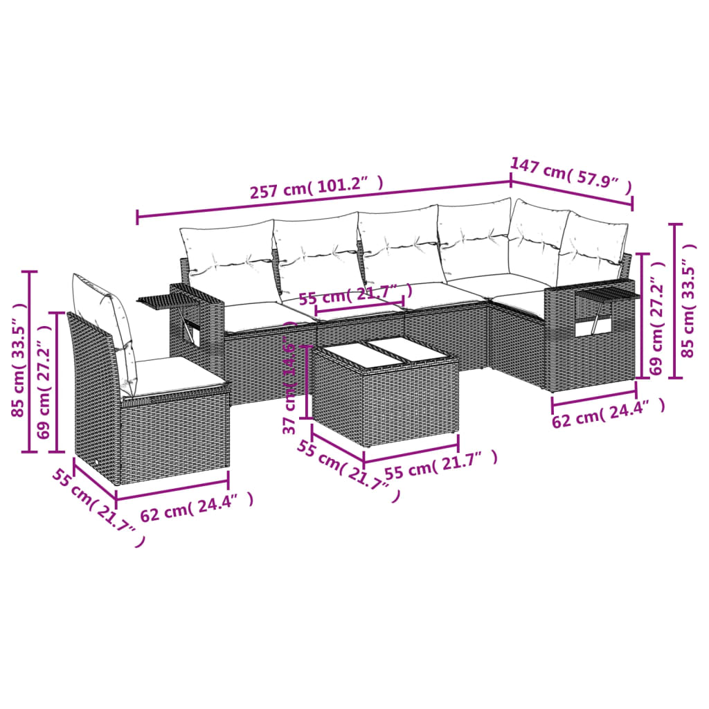 Garden Sofas Set 7 Pieces with Brown Ratán Pe Cushions