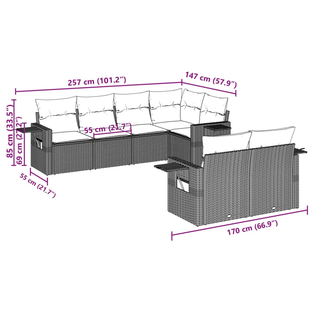 Set da pranzo da giardino 7 pezzi e cuscini di rattan sintetici neri