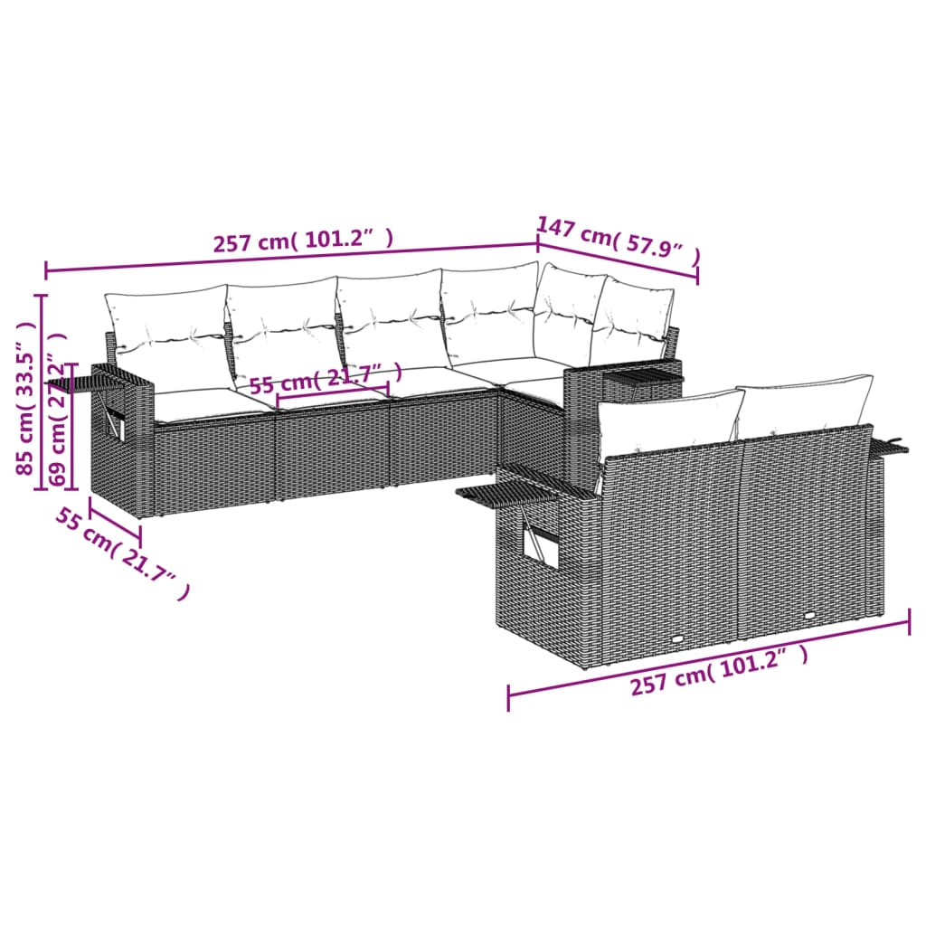 Set de sofás de jardín 7 piezas con cojines ratán PE gris