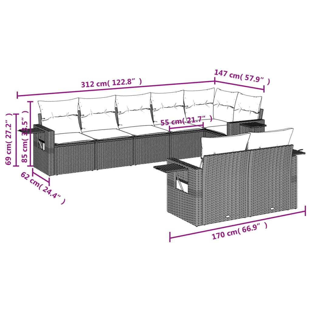 Set de sofás de jardín 8 pzas y cojines ratán sintético gris