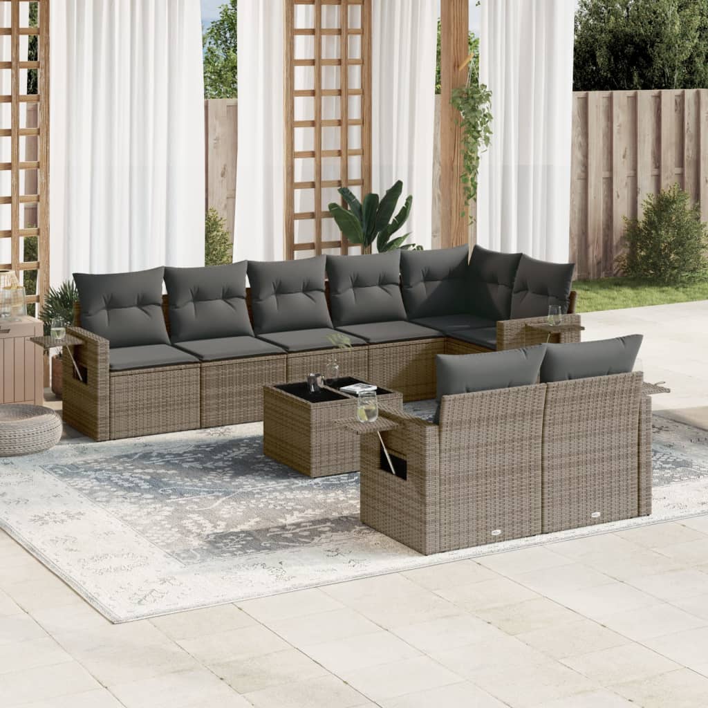 Vetonek Set de muebles de jardín 9 pzas y cojines ratán sintético gris