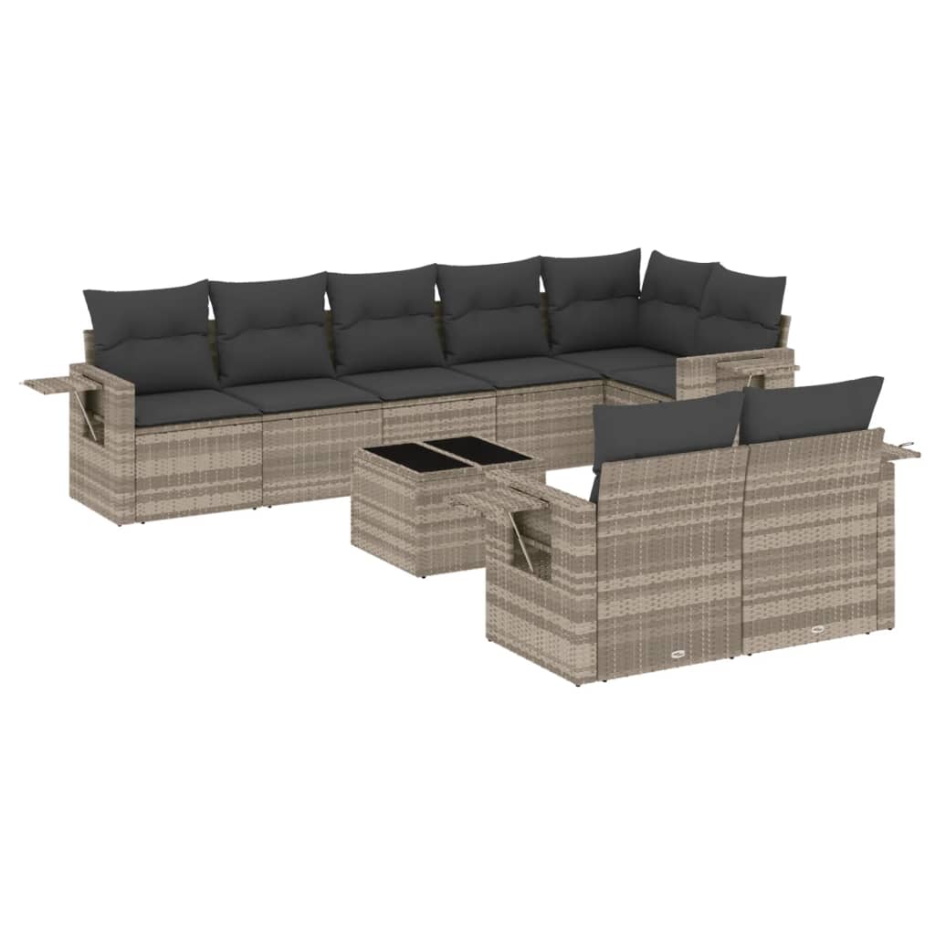 Set muebles jardín 9 pzas y cojines ratán sintético gris claro