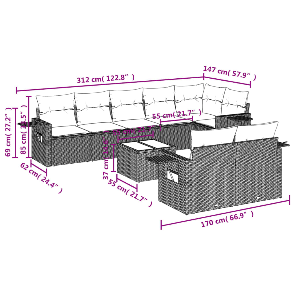 Set muebles jardín 9 pzas y cojines ratán sintético gris claro - Vetonek