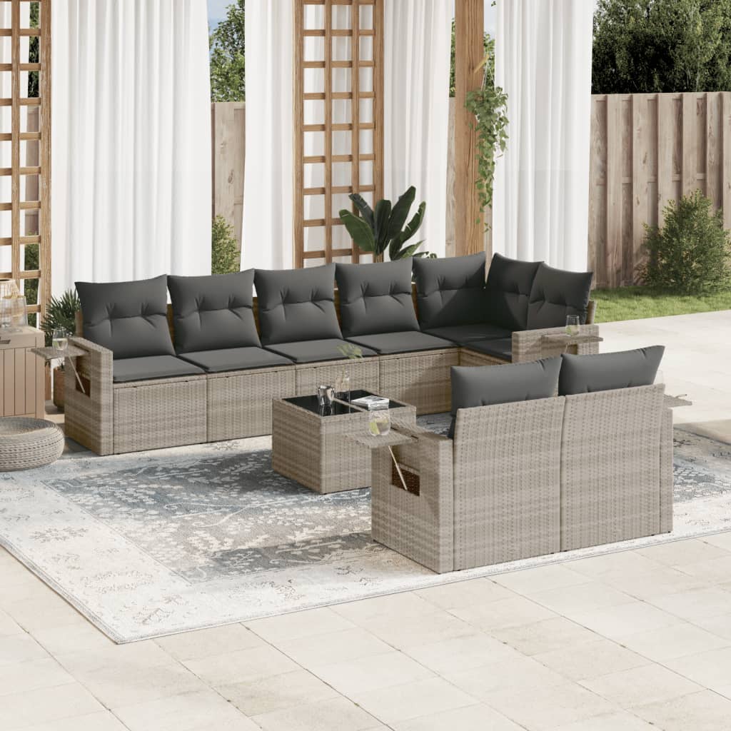 Set muebles jardín 9 pzas y cojines ratán sintético gris claro