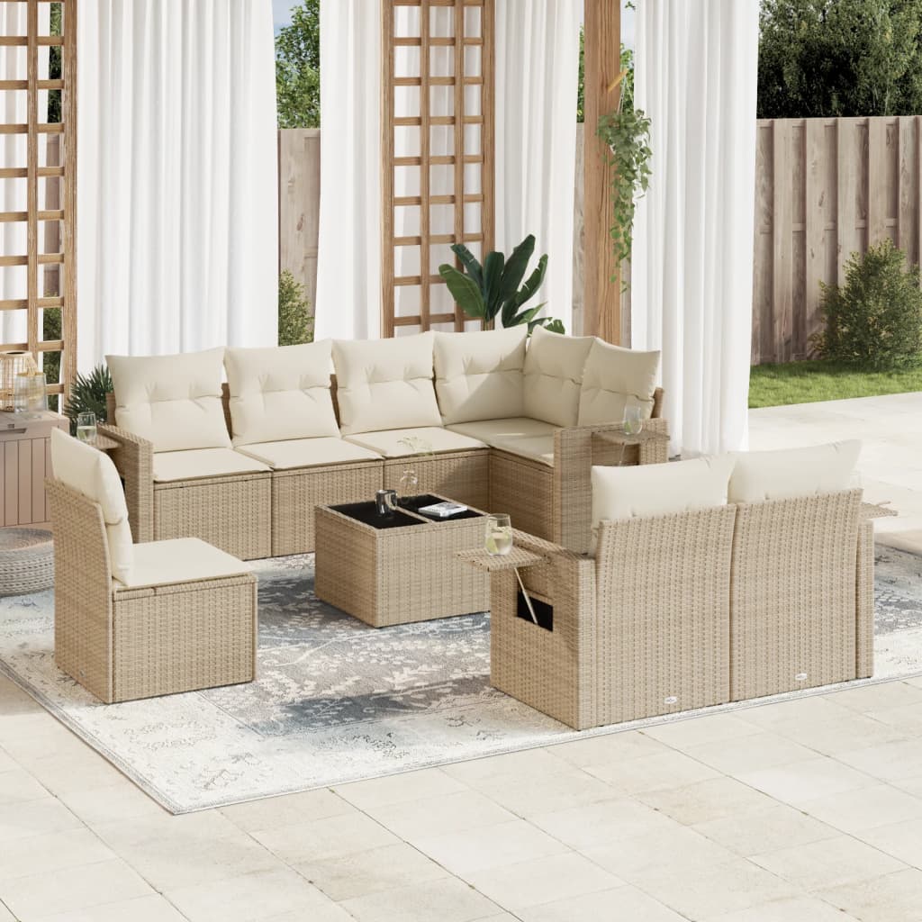 Set de sofás de jardín 9 pzas con cojines ratán sintético beige