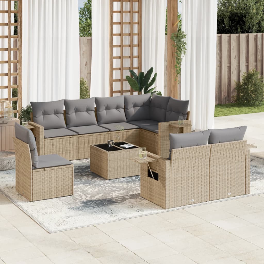 Vetonek Set de sofás de jardín 9 pzas con cojines ratán sintético beige