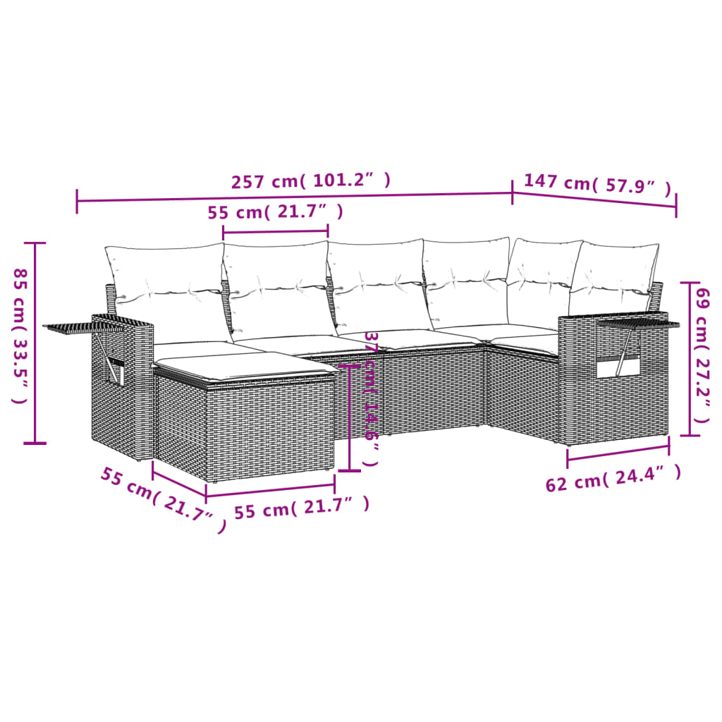 Set di mobili da giardino 6 pezzi e cuscini di rattan sintetici grigi