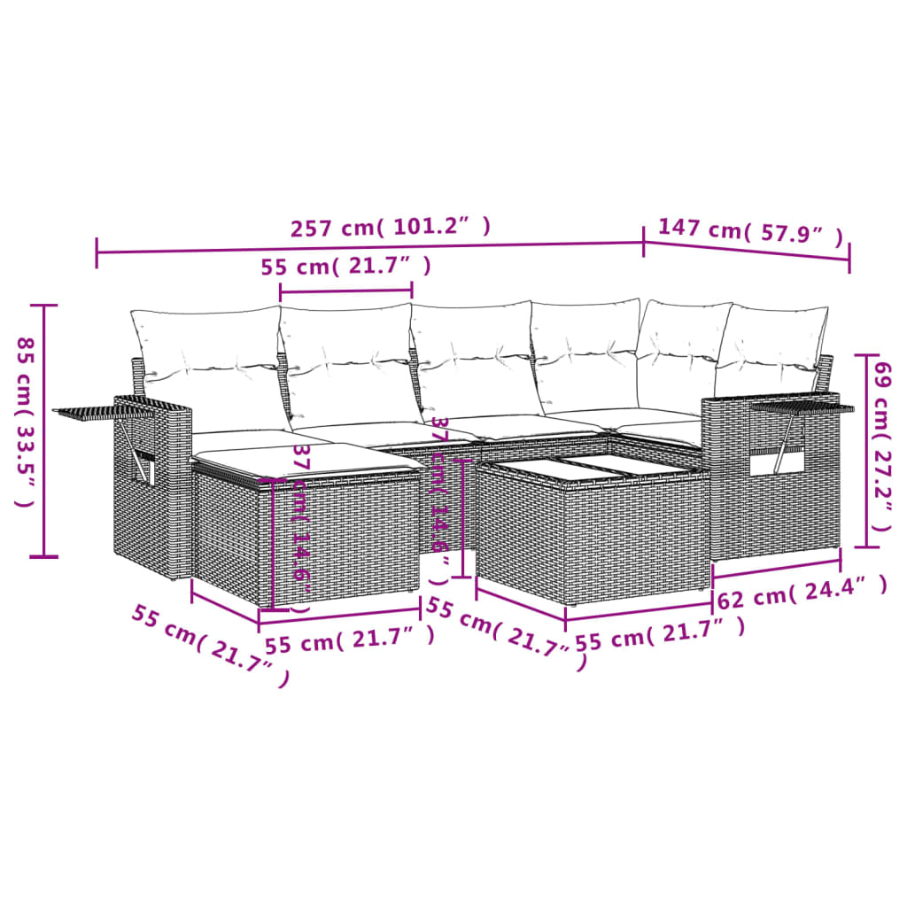 Garden Sofas Set 7 pieces with gray rattan cushions