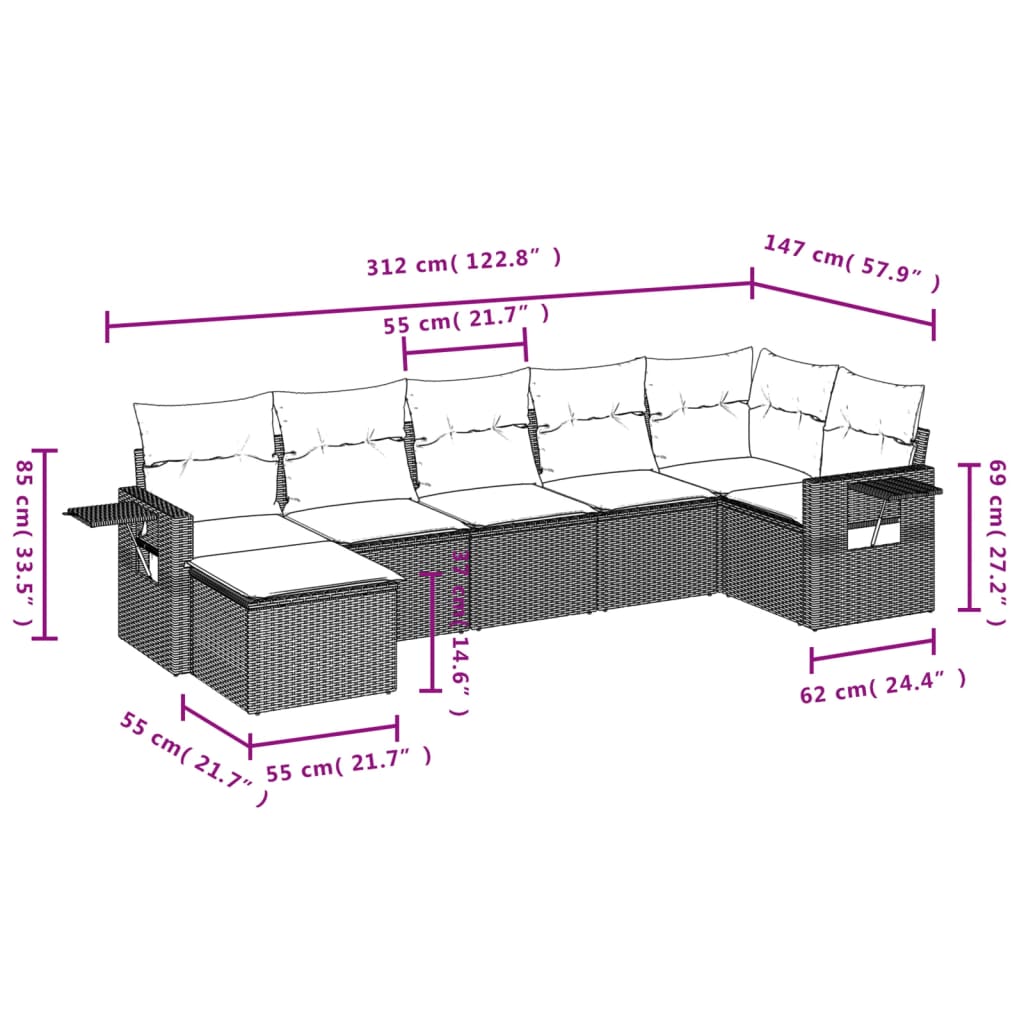 Set de comedor de jardín 7 pzas y cojines ratán sintético negro