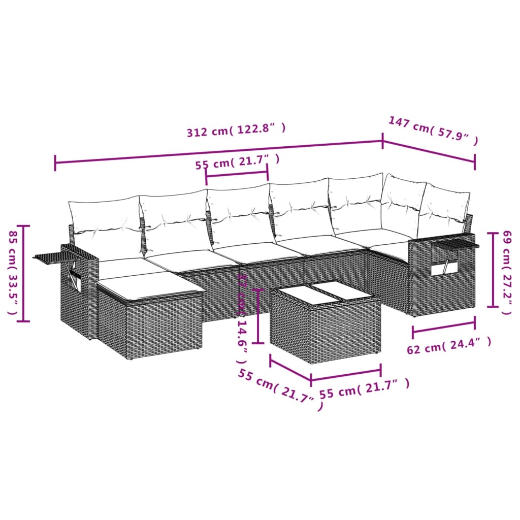 Gartensofas Set 8 Stücke und schwarze synthetische Rattankissen