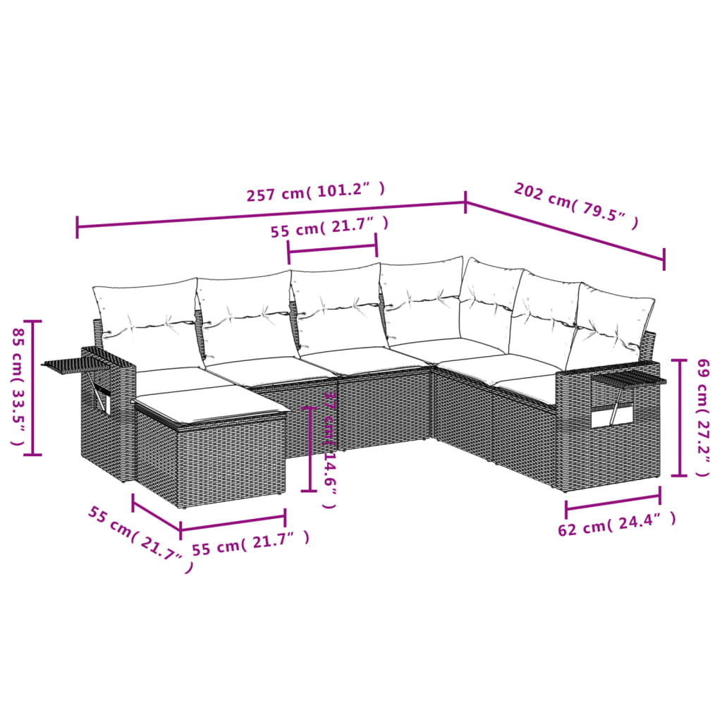 Conjunto de jantares de jardim 7 PCs e almofadas de vime sintético preto