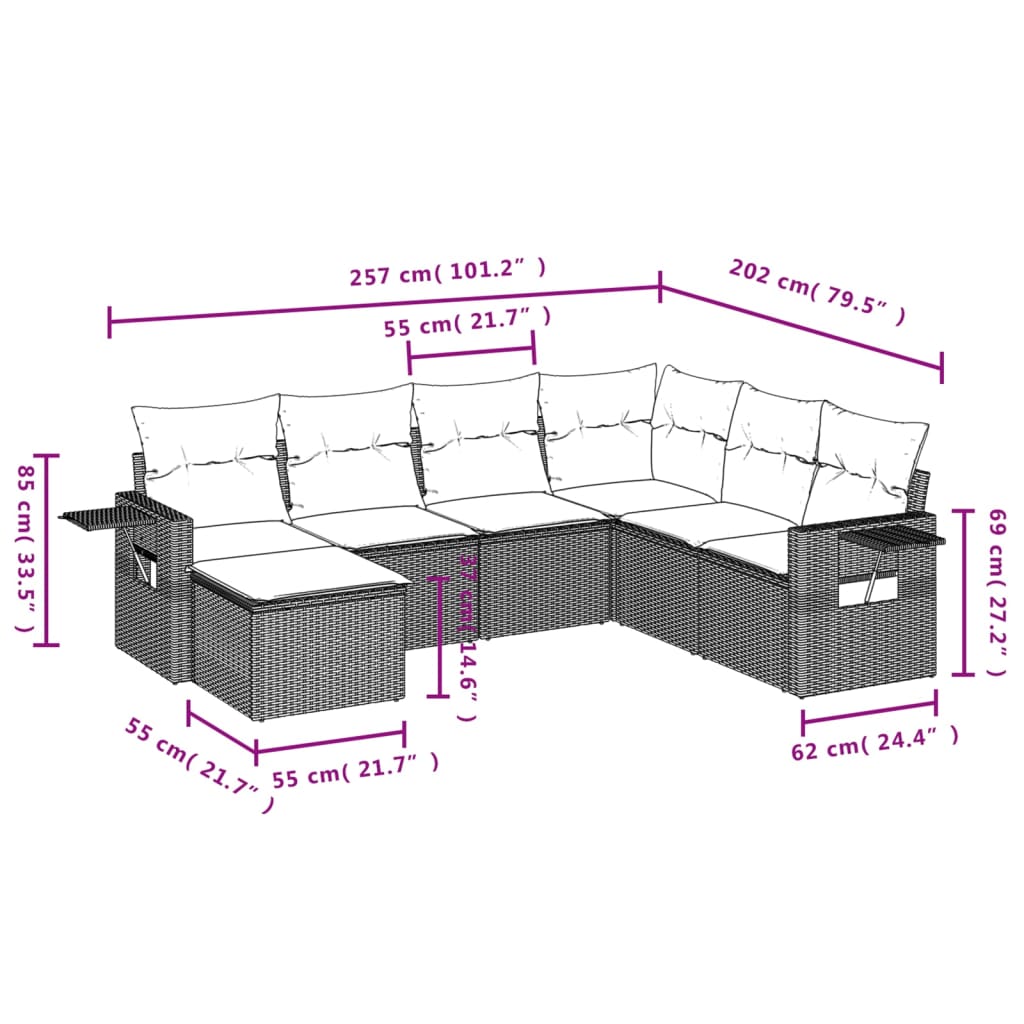 Set sofás de jardín 7 piezas y cojines ratán sintético beige - Vetonek