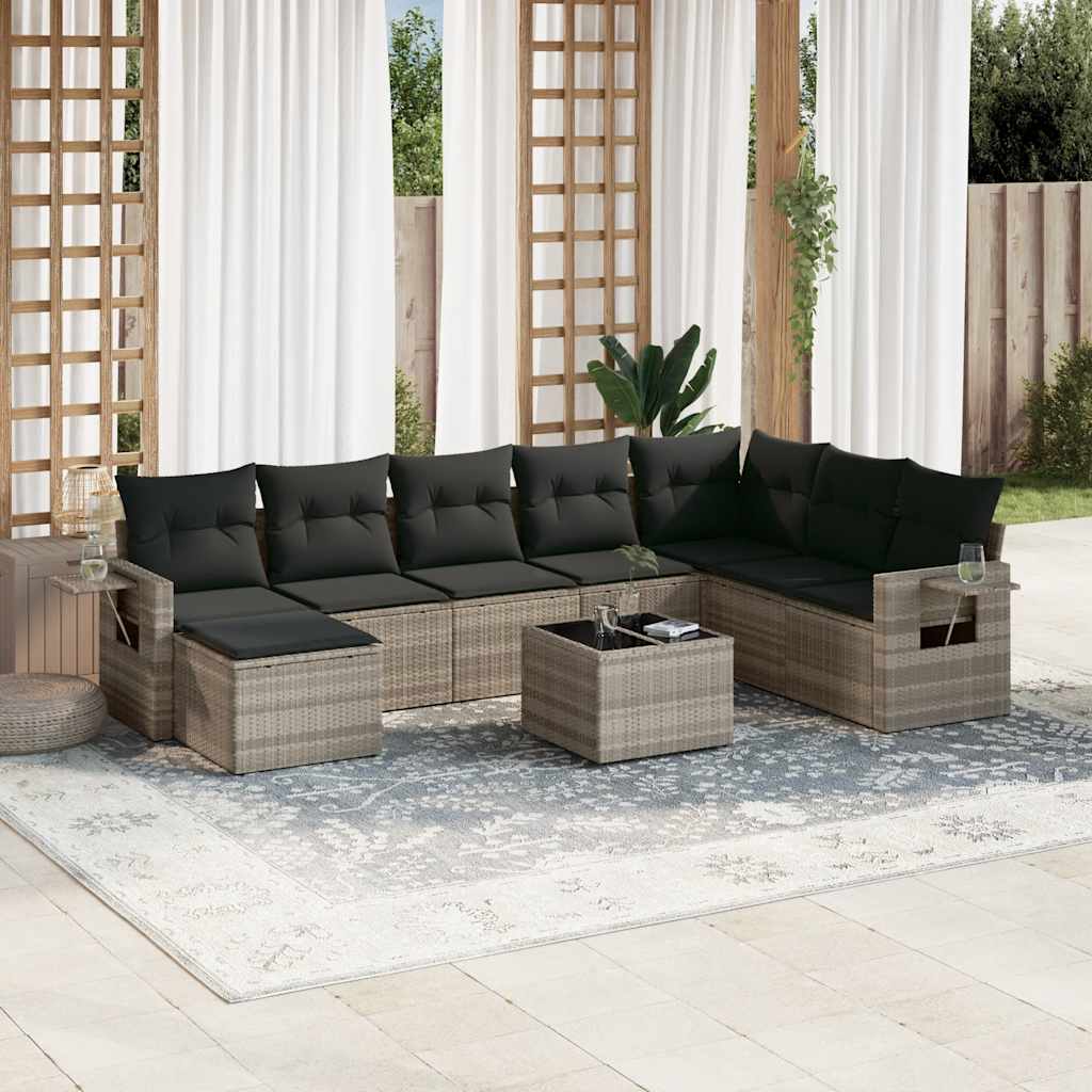 Vetonek Set muebles jardín 9 pzas y cojines ratán sintético gris claro