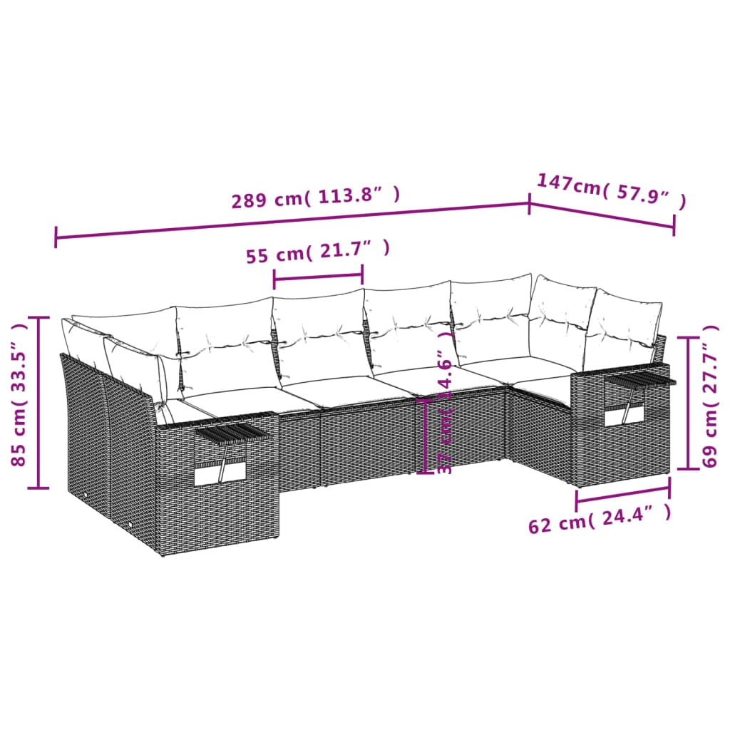 Set de comedor de jardín 7 pzas y cojines ratán sintético negro