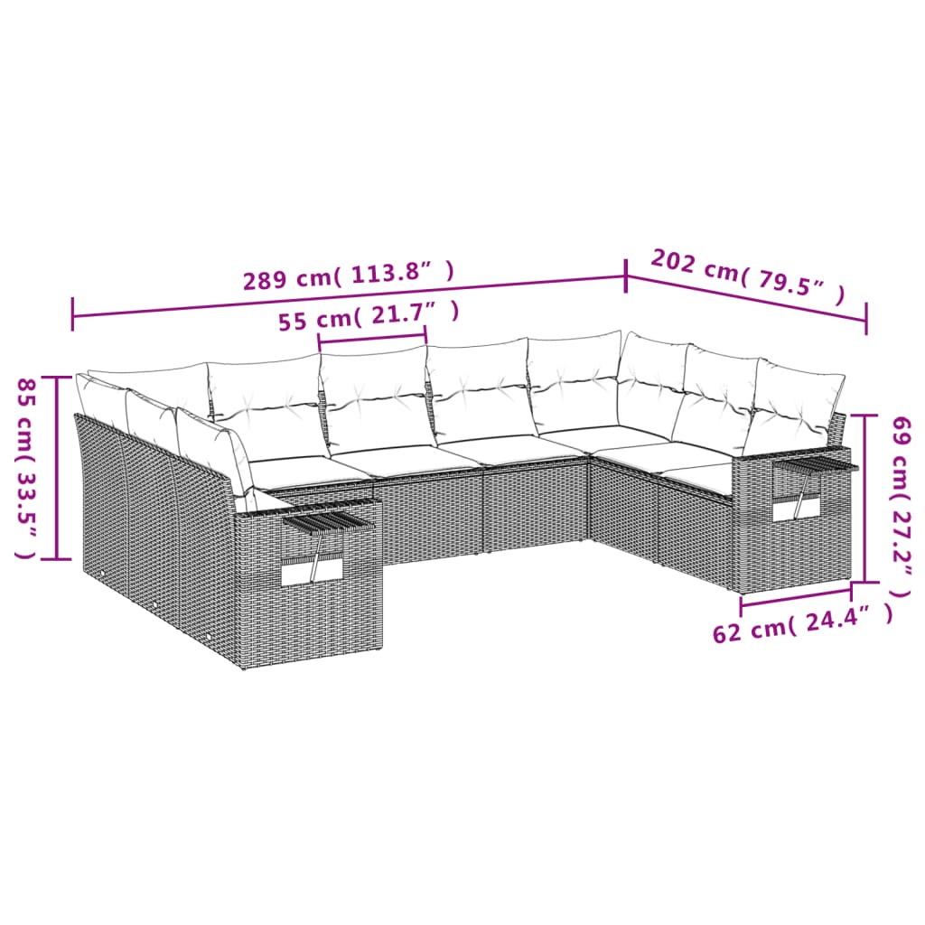 Divani da giardino impostati 9 pezzi con cuscini sintetici beige