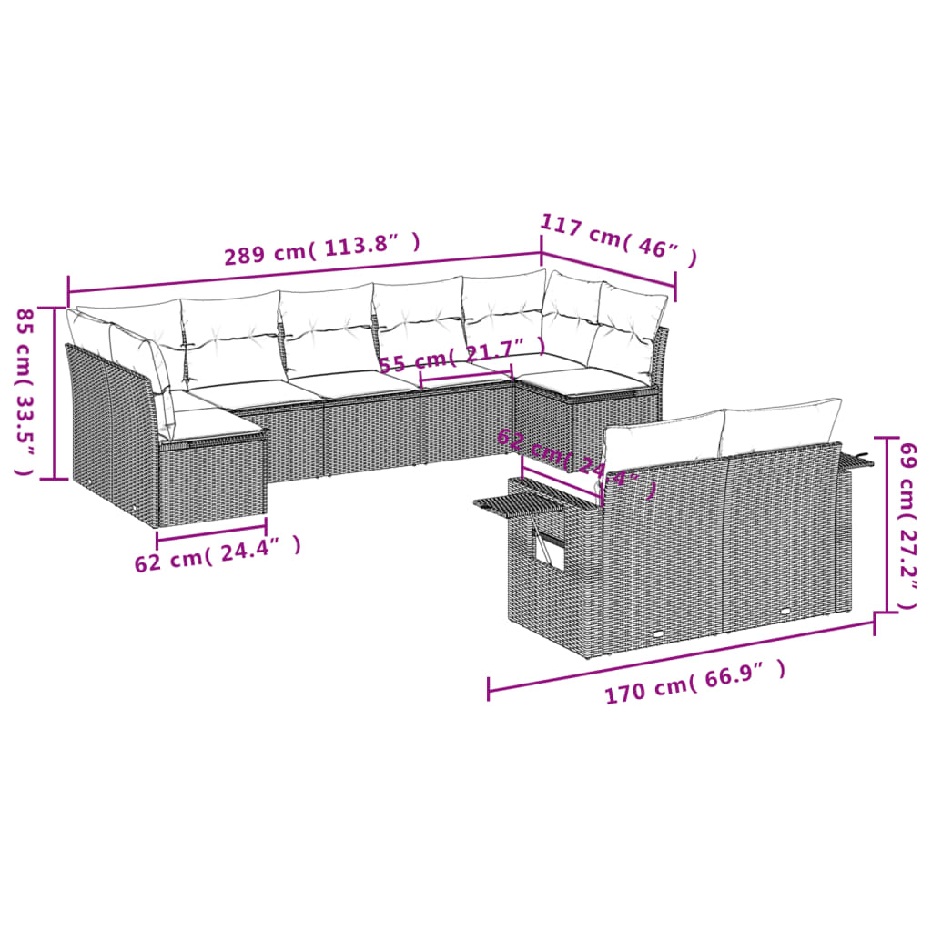 Set de sofás de jardín 9 pzas con cojines ratán sintético beige