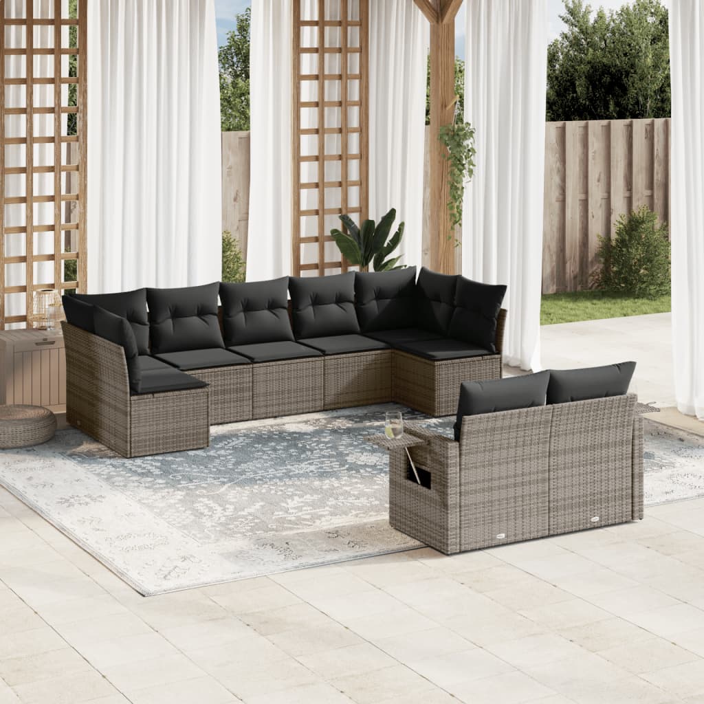 Vetonek Set de muebles de jardín 9 pzas y cojines ratán sintético gris