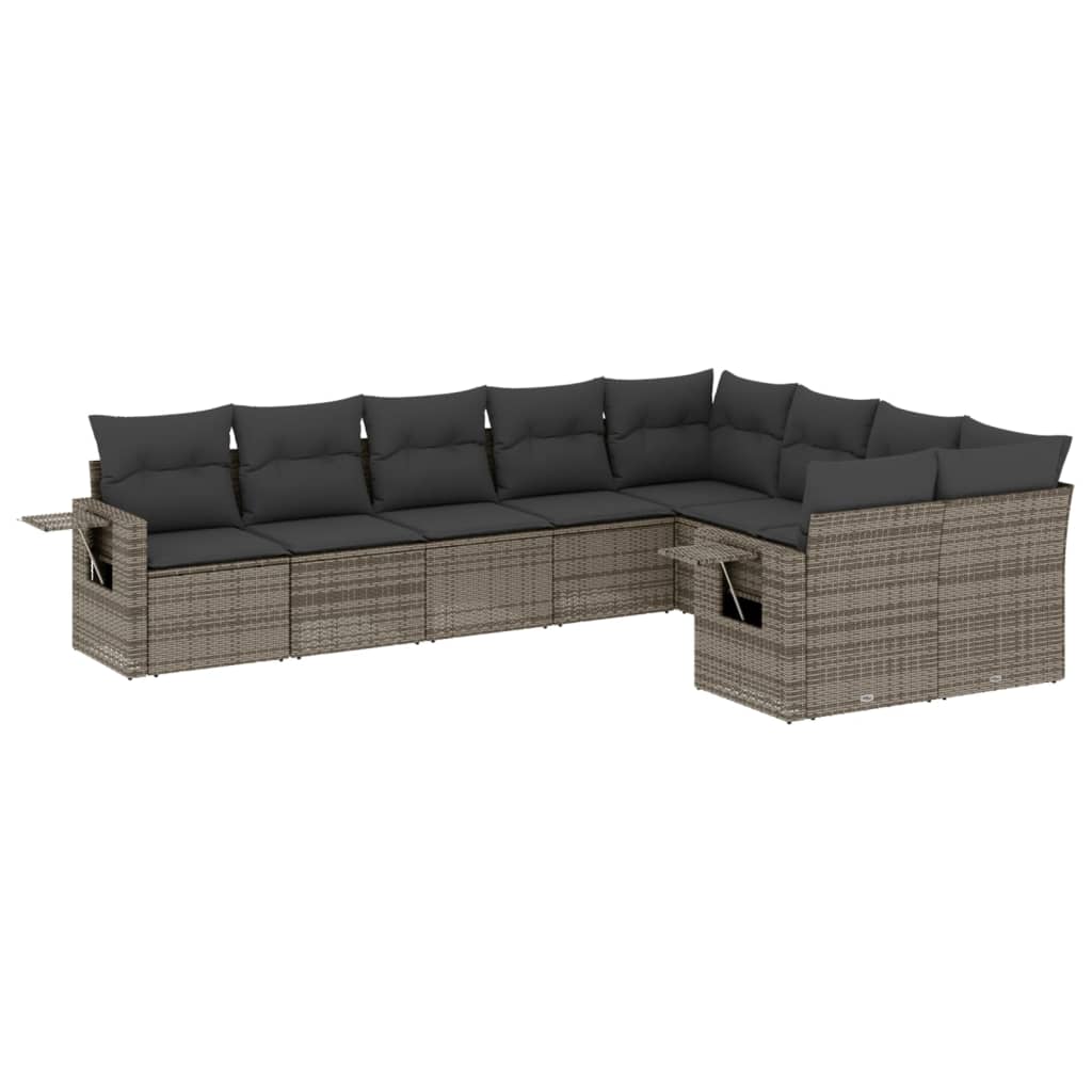 Set de muebles de jardín 9 pzas y cojines ratán sintético gris - Vetonek