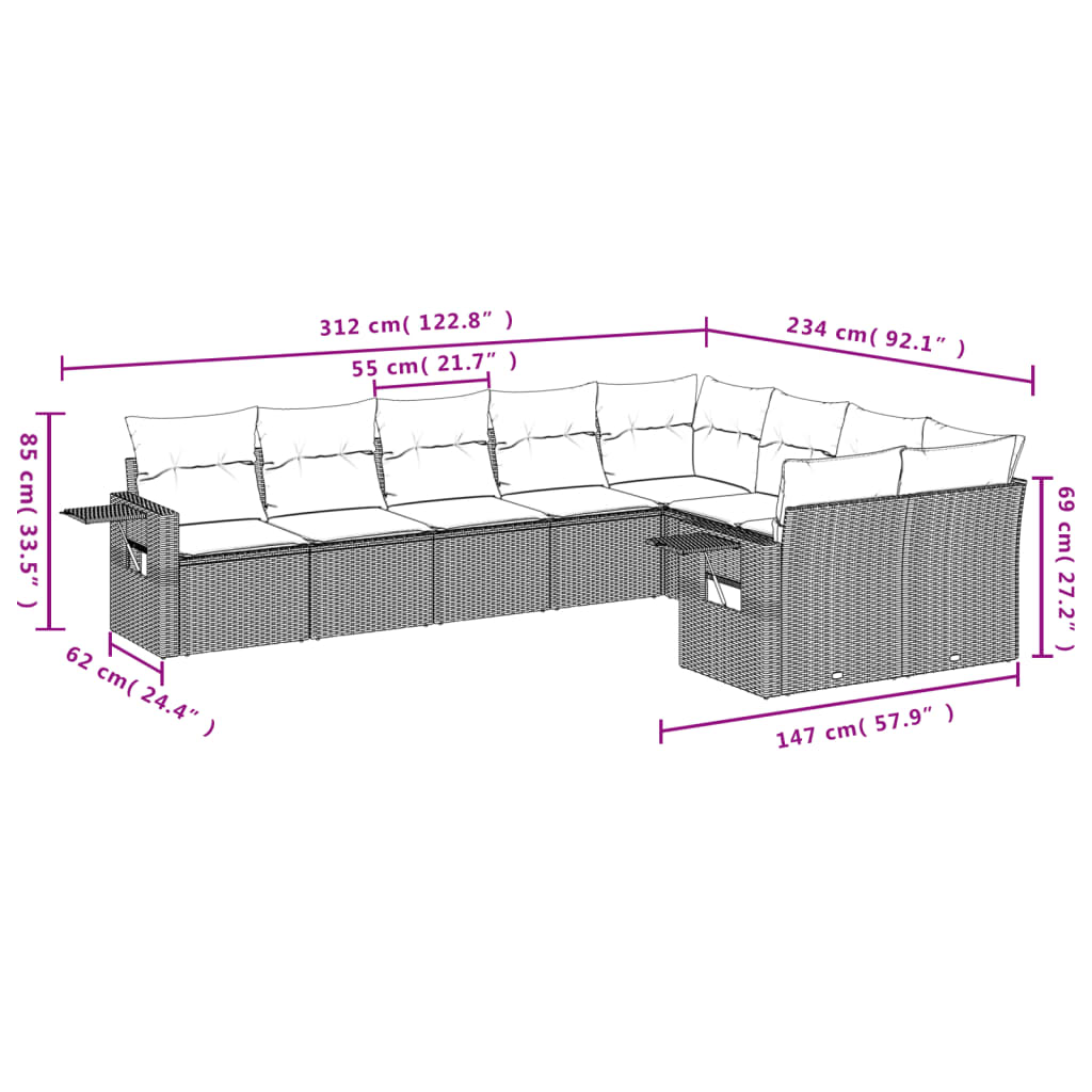 Ensemble de meubles de jardin et coussins de rotin synthétique gris