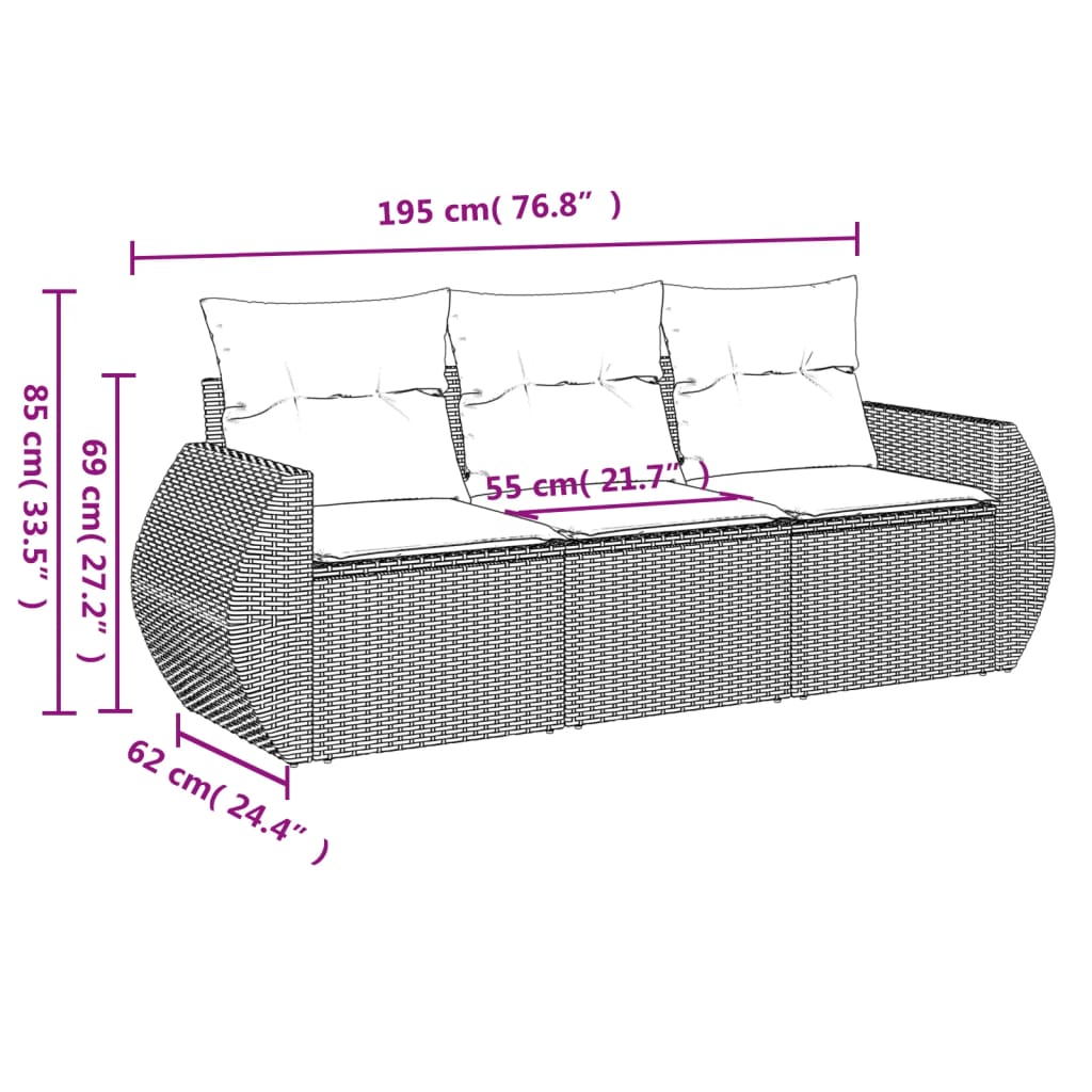 3 -Stück -Gartensofas Set und braune synthetische Rattan -Kissen