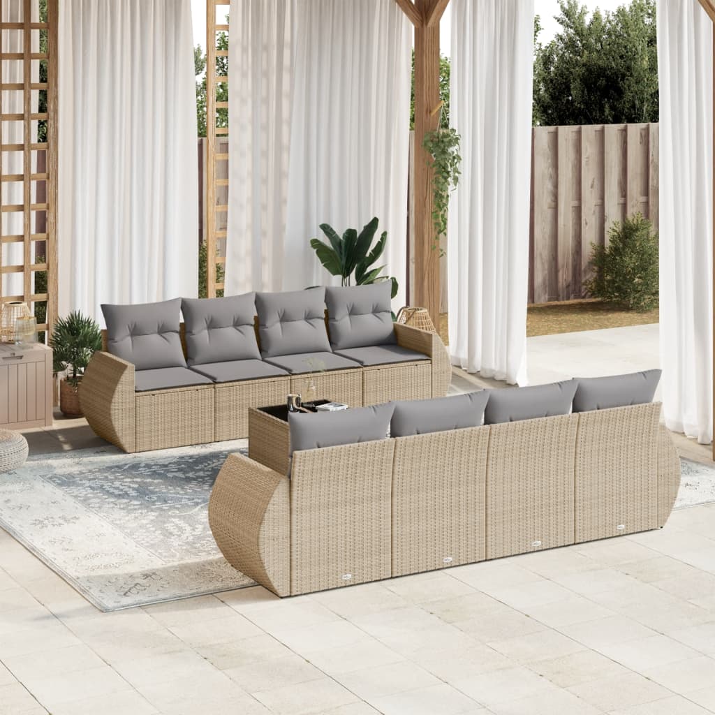 Vetonek Set de sofás de jardín 9 pzas con cojines ratán sintético beige