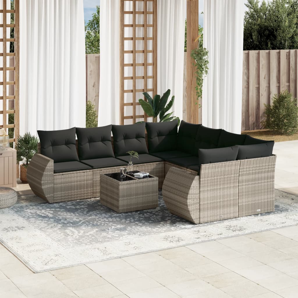 Vetonek Set muebles jardín 9 pzas y cojines ratán sintético gris claro