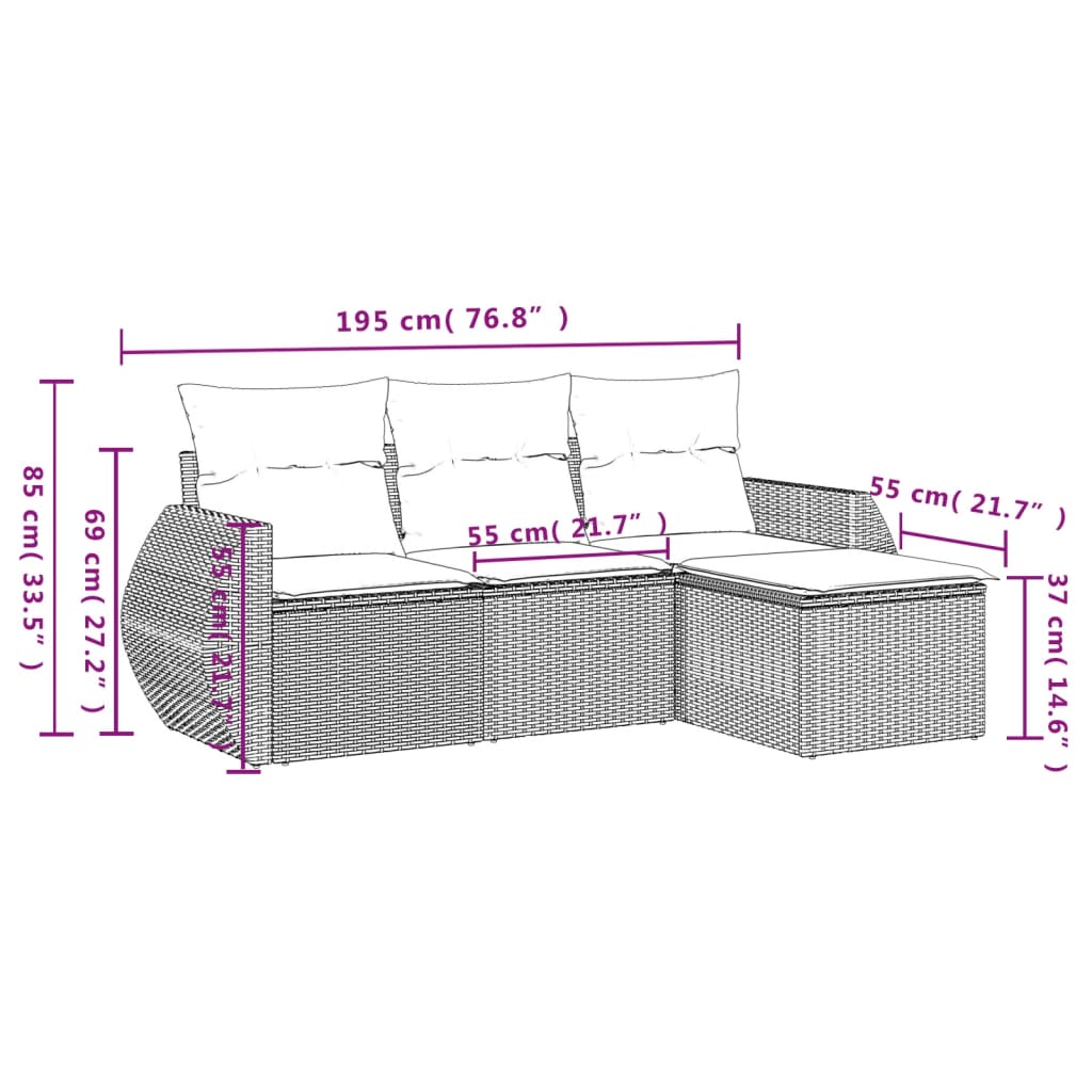 Set de sofás de jardín 4 pzas y cojines ratán sintético gris - Vetonek