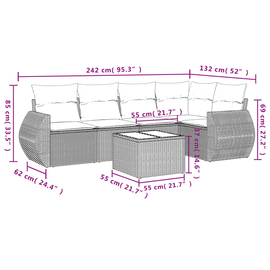 Set de muebles de jardín 6 pzas y cojines ratán sintético gris