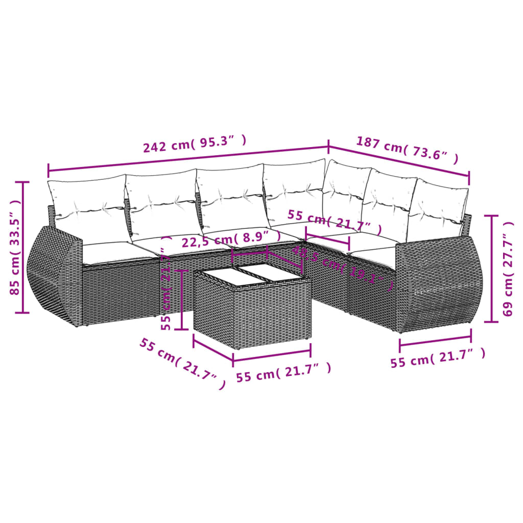 Set de comedor de jardín 7 pzas y cojines ratán sintético negro