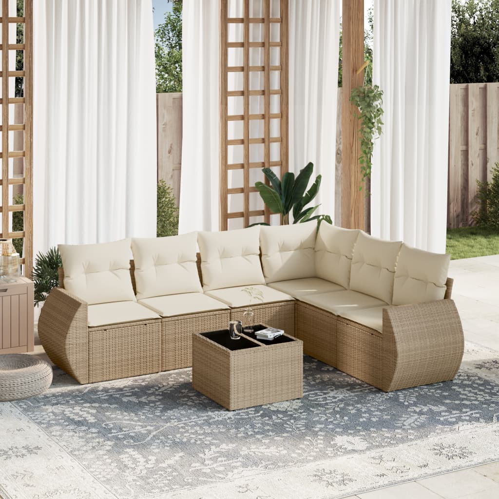 Set sofás de jardín 7 piezas y cojines ratán sintético beige