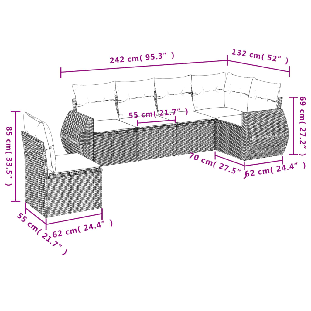 Garden Sofas Set 6 pieces and black synthetic rattan cushions