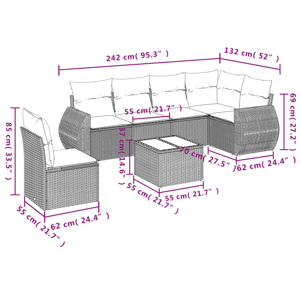 Set de comedor de jardín 7 pzas y cojines ratán sintético negro