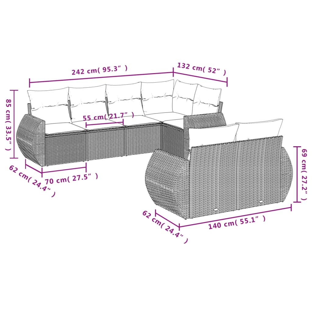 Set sofás de jardín 7 piezas y cojines ratán sintético beige - Vetonek