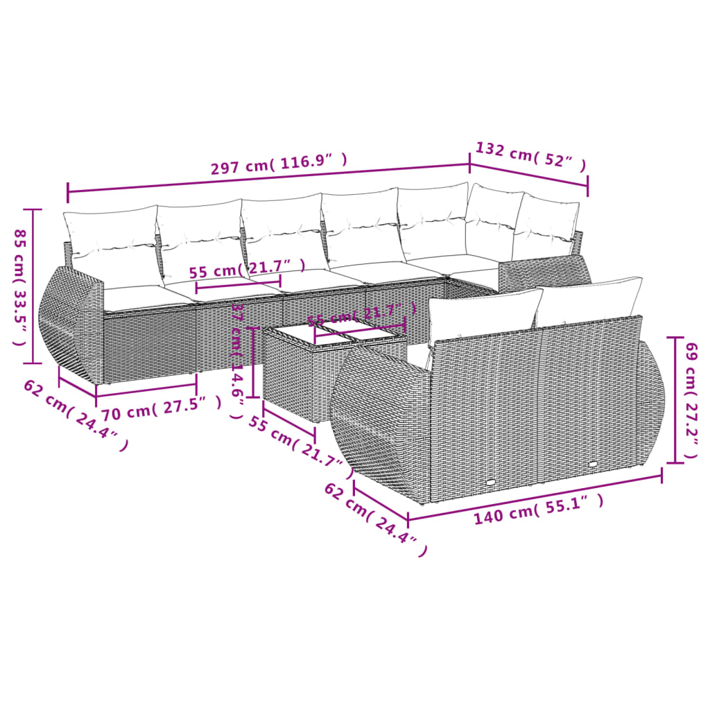 Set de sofás de jardín 9 pzas con cojines ratán sintético beige - Vetonek