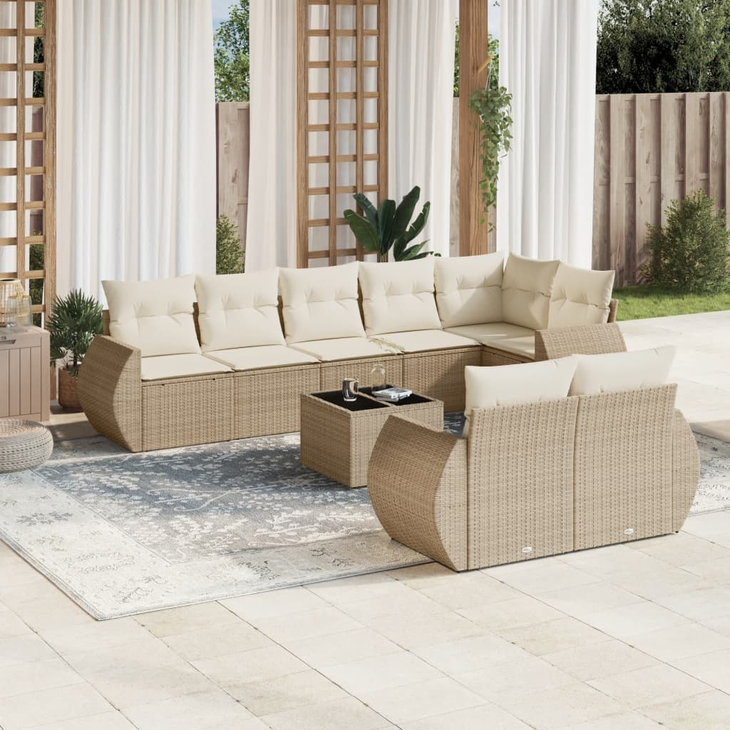 Vetonek Set de sofás de jardín 9 pzas con cojines ratán sintético beige