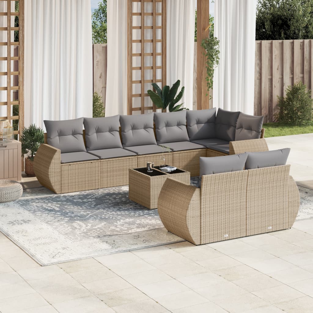 Vetonek Set de sofás de jardín 9 pzas con cojines ratán sintético beige