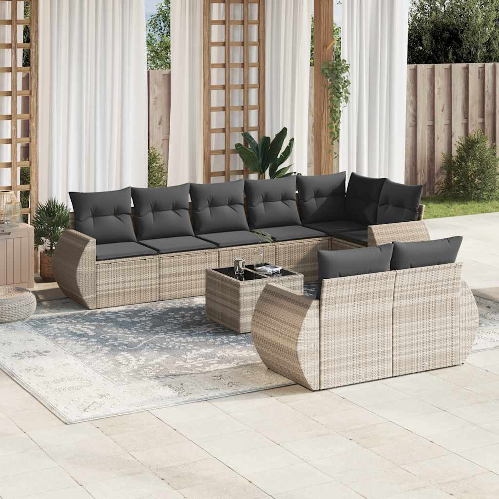 Vetonek Set muebles jardín 9 pzas y cojines ratán sintético gris claro