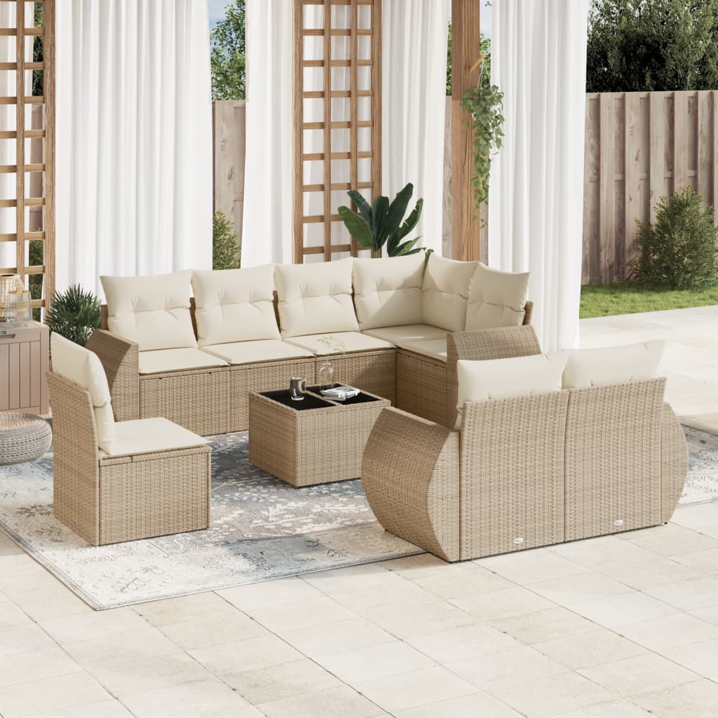 Vetonek Set de sofás de jardín 9 pzas con cojines ratán sintético beige